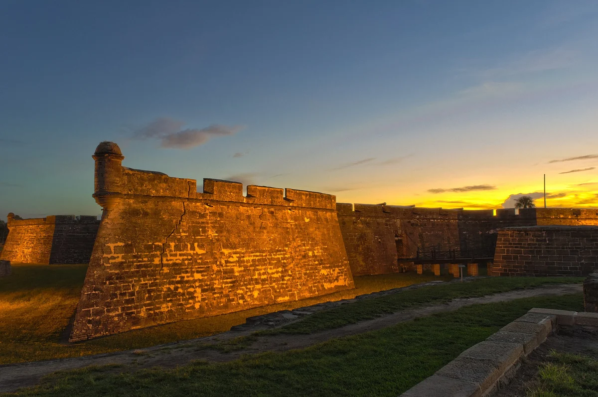 The coquina walls of Castillo de San Marcos at daybreak, the first landmark on St. Augustine carriage tours
