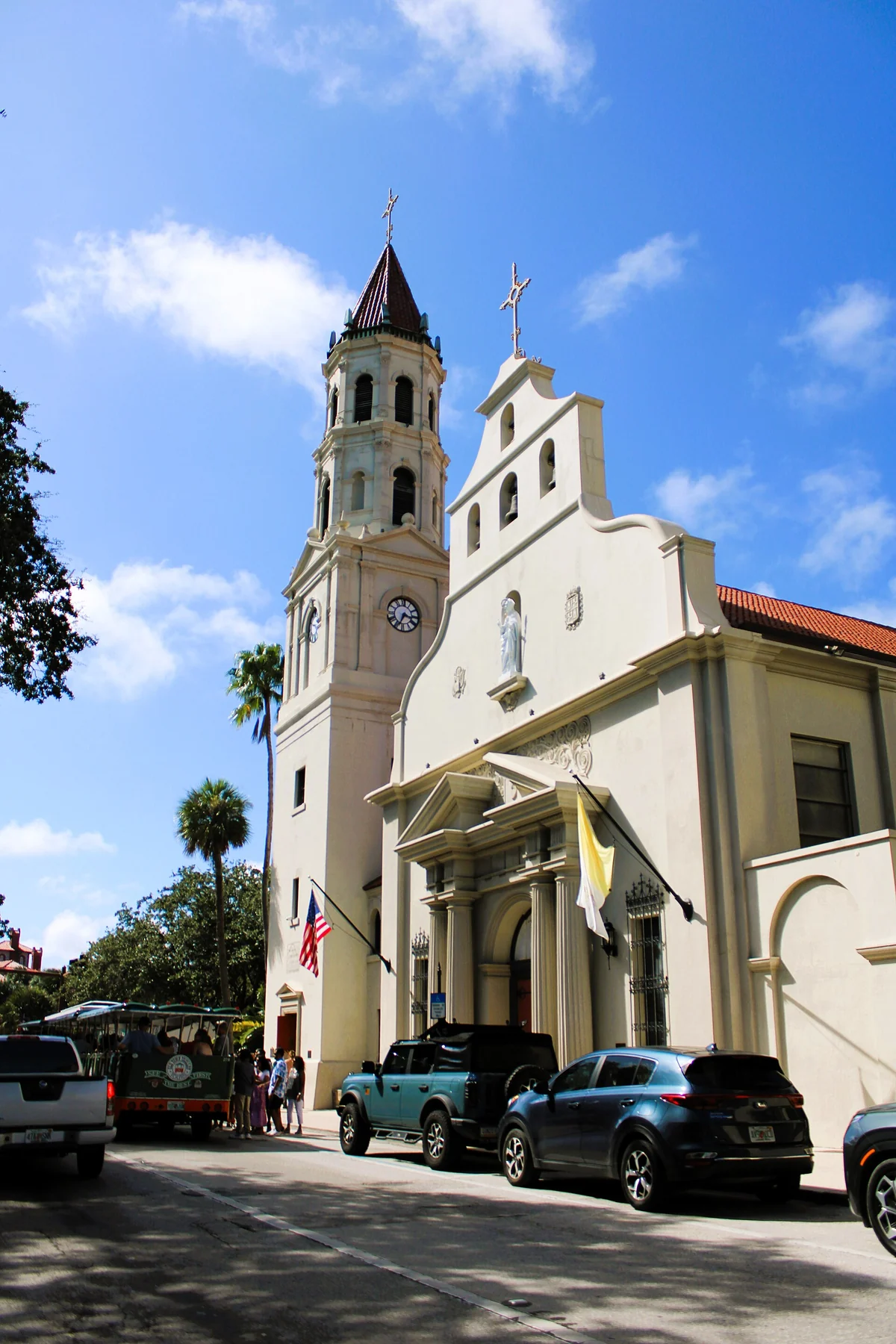 The bell tower and facade of the Cathedral Basilica on Cathedral Place, passed on St. Augustine carriage tours