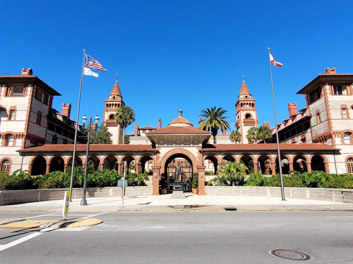 The towers and arched entrance of the Ponce de Leon Hotel, now Flagler College, on St. Augustine carriage tours