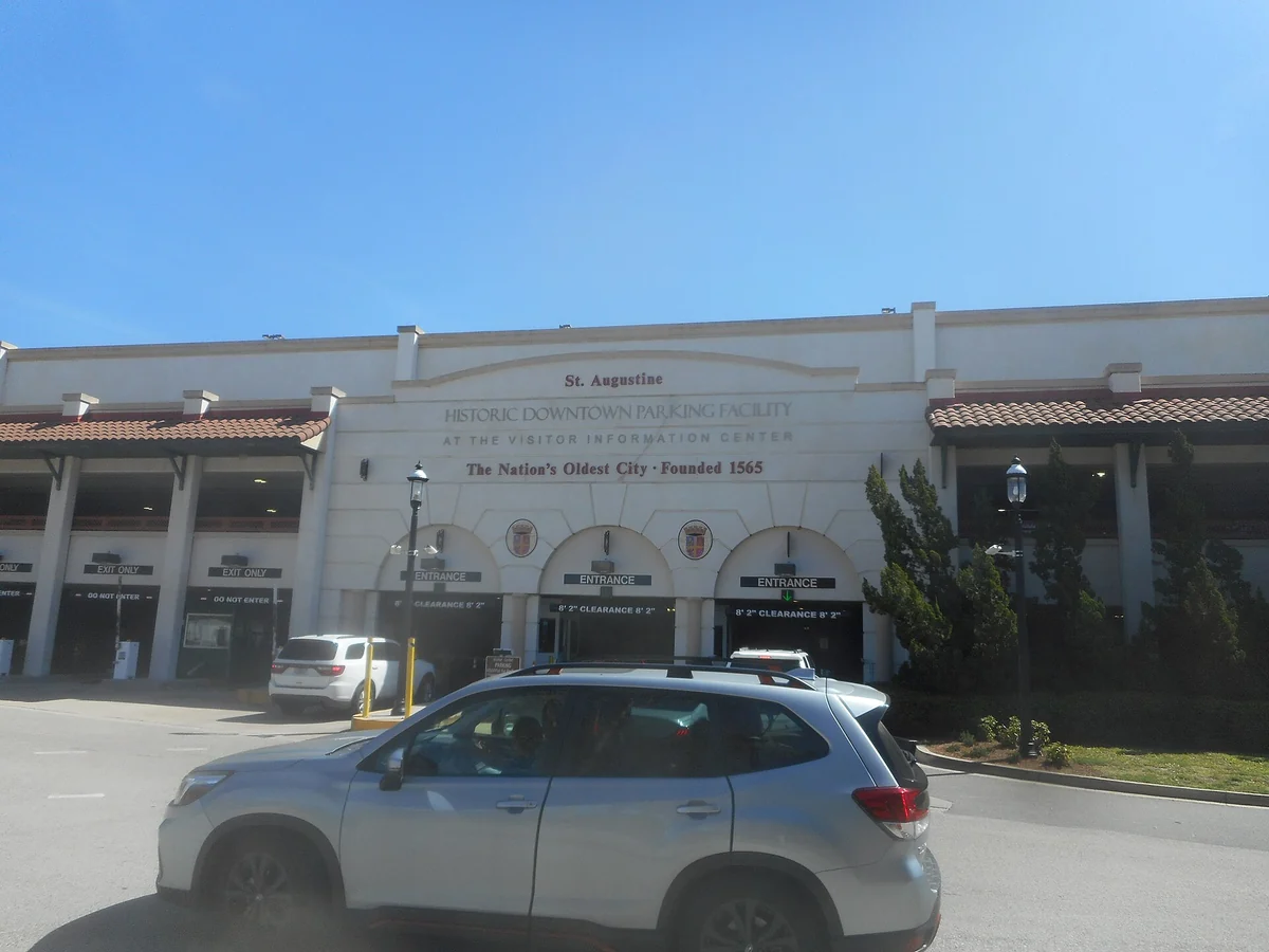 The entrance of the Historic Downtown Parking Facility on Cordova Street, where St. Augustine carriage tours riders park