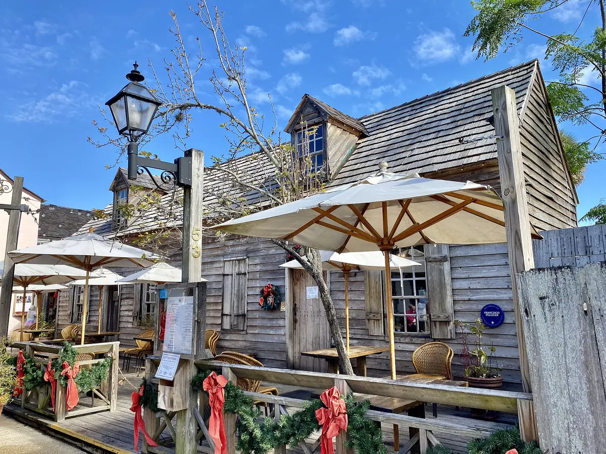 The wooden Pellicer-De Burgo House on St. George Street in the Colonial Quarter, on the trolley and St. Augustine carriage tours routes